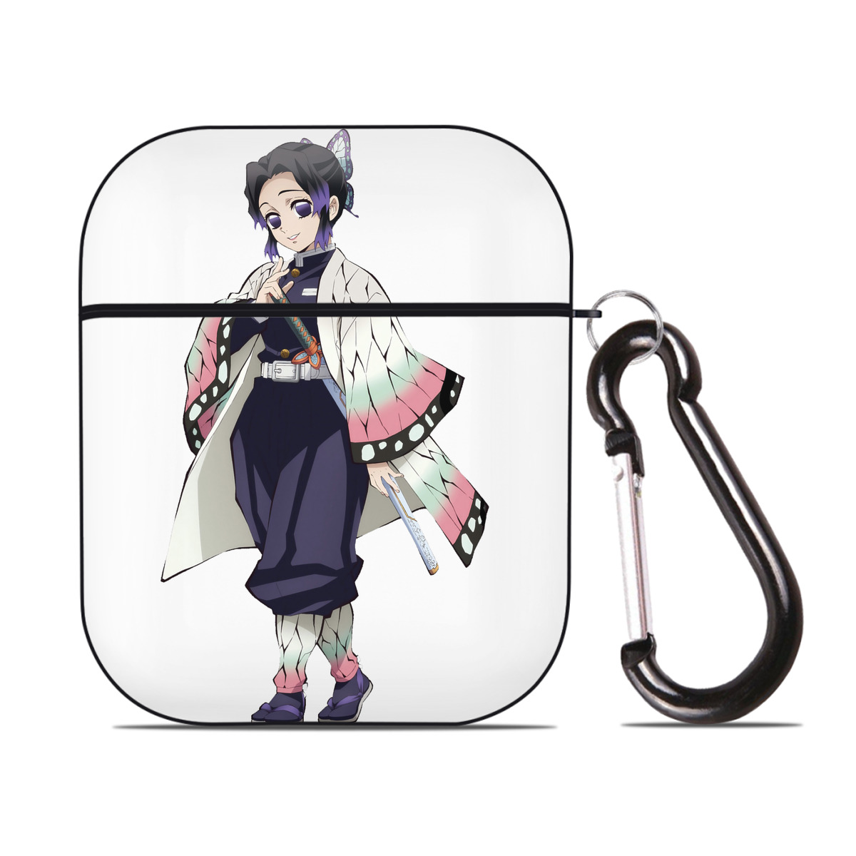 （画像用） 鬼滅の刃（きめつのやいば）蟲柱-胡蝶 しのぶ／こちょう しのぶ Kochou Shinobu AirPods 第2世代保護ケース ハードシェル ブラック 耐衝撃・防指紋・カラビナ付き