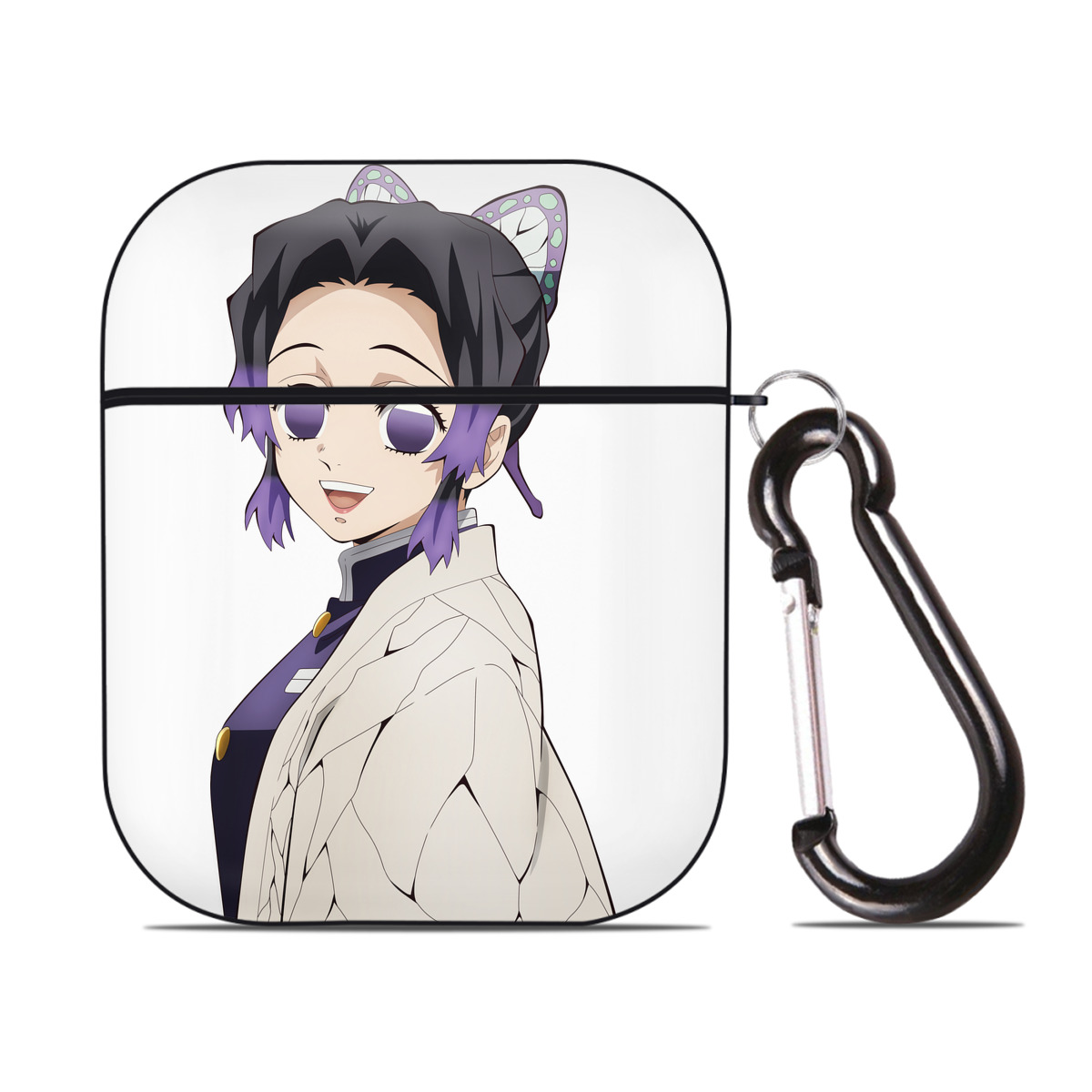 （画像用） 鬼滅の刃（きめつのやいば）蟲柱-胡蝶 しのぶ／こちょう しのぶ Kochou Shinobu AirPods 第2世代保護ケース ハードシェル ブラック 耐衝撃・防指紋・カラビナ付き