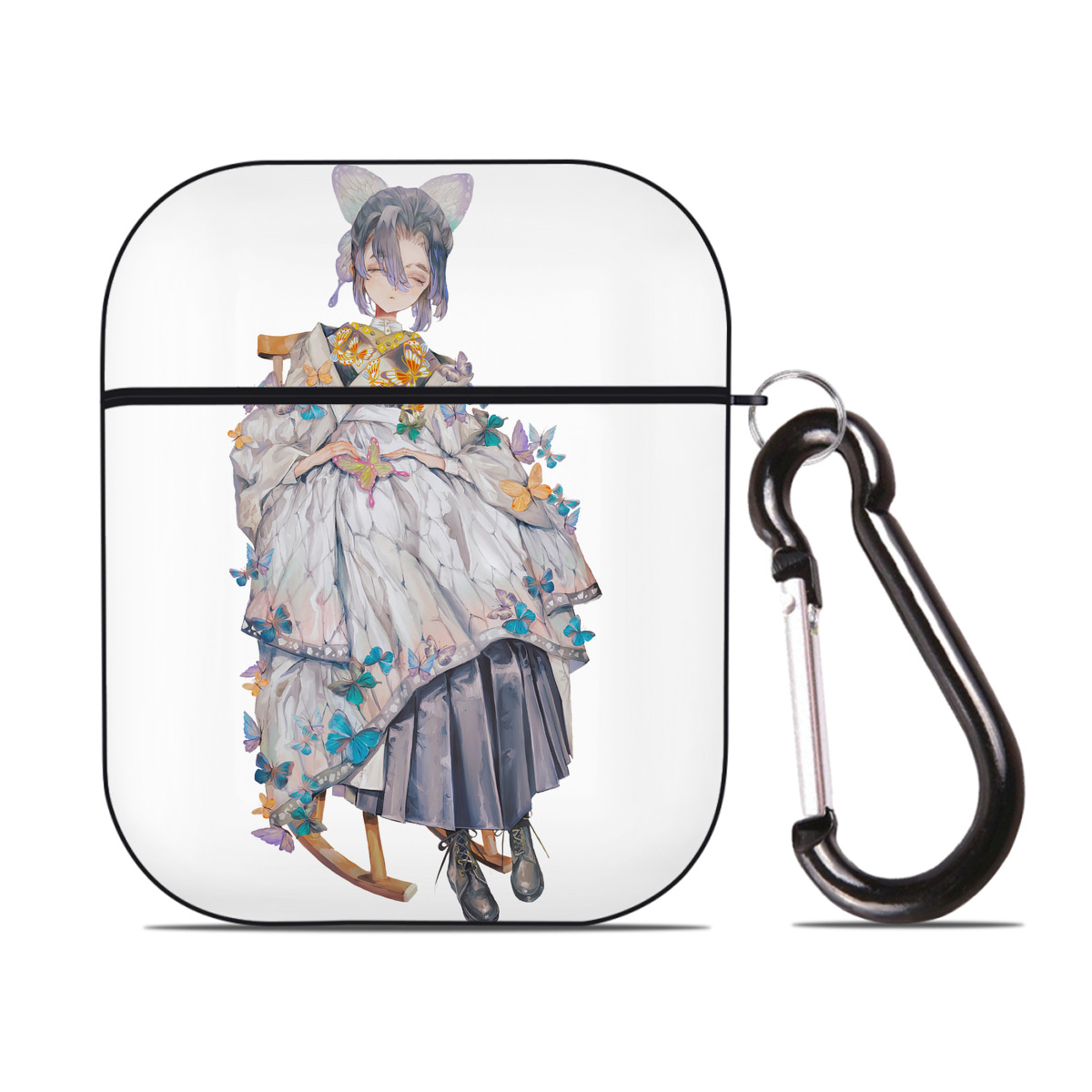 （画像用） 鬼滅の刃（きめつのやいば）蟲柱-胡蝶 しのぶ／こちょう しのぶ Kochou Shinobu AirPods 第2世代保護ケース ハードシェル ブラック 耐衝撃・防指紋・カラビナ付き