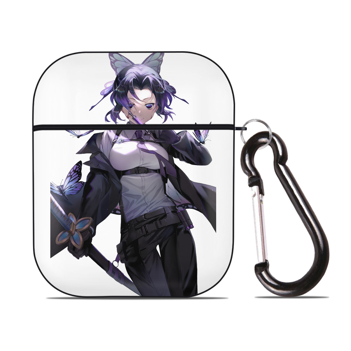（画像用） 鬼滅の刃（きめつのやいば）蟲柱-胡蝶 しのぶ／こちょう しのぶ Kochou Shinobu AirPods 第2世代保護ケース ハードシェル ブラック 耐衝撃・防指紋・カラビナ付き