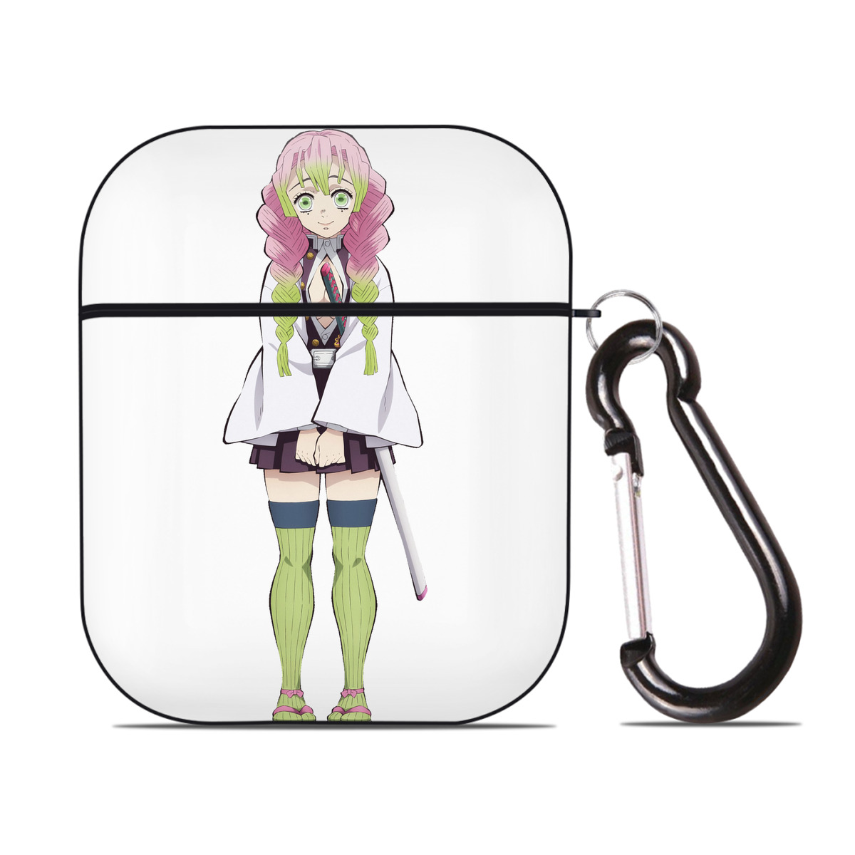 （画像用） 鬼滅の刃（きめつのやいば）恋柱-甘露寺 蜜璃／かんろじ みつり Kanroji Mitsuri AirPods 第2世代保護ケース ハードシェル ブラック 耐衝撃・防指紋・カラビナ付き