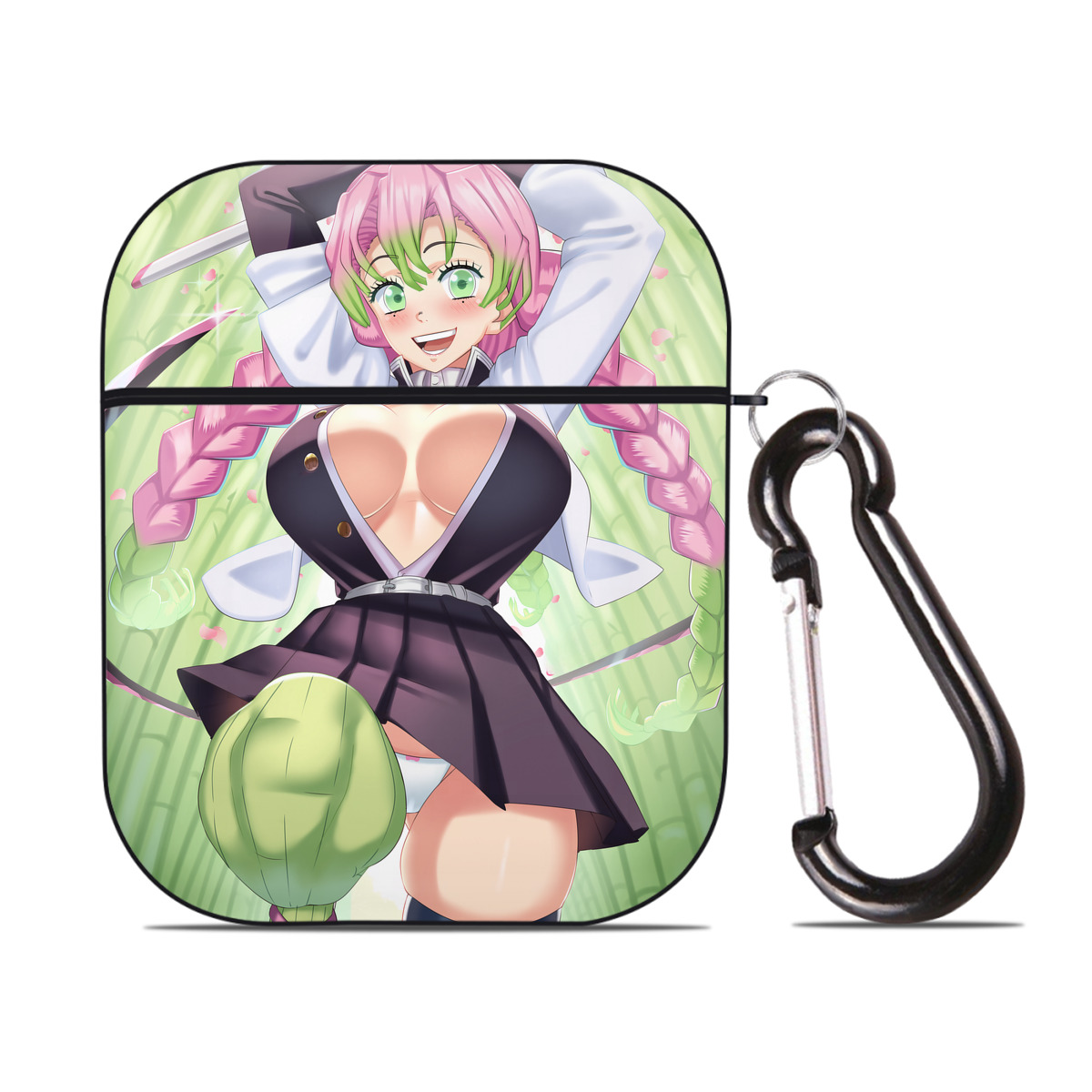 （画像用） 鬼滅の刃（きめつのやいば）恋柱-甘露寺 蜜璃／かんろじ みつり Kanroji Mitsuri AirPods 第2世代保護ケース ハードシェル ブラック 耐衝撃・防指紋・カラビナ付き