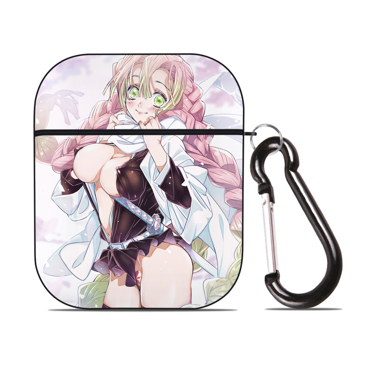 （画像用） 鬼滅の刃（きめつのやいば）恋柱-甘露寺 蜜璃／かんろじ みつり Kanroji Mitsuri AirPods 第2世代保護ケース ハードシェル ブラック 耐衝撃・防指紋・カラビナ付き