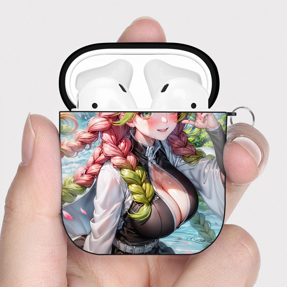 （画像用） 鬼滅の刃（きめつのやいば）恋柱-甘露寺 蜜璃／かんろじ みつり Kanroji Mitsuri AirPods 第2世代保護ケース ハードシェル ブラック 耐衝撃・防指紋・カラビナ付き