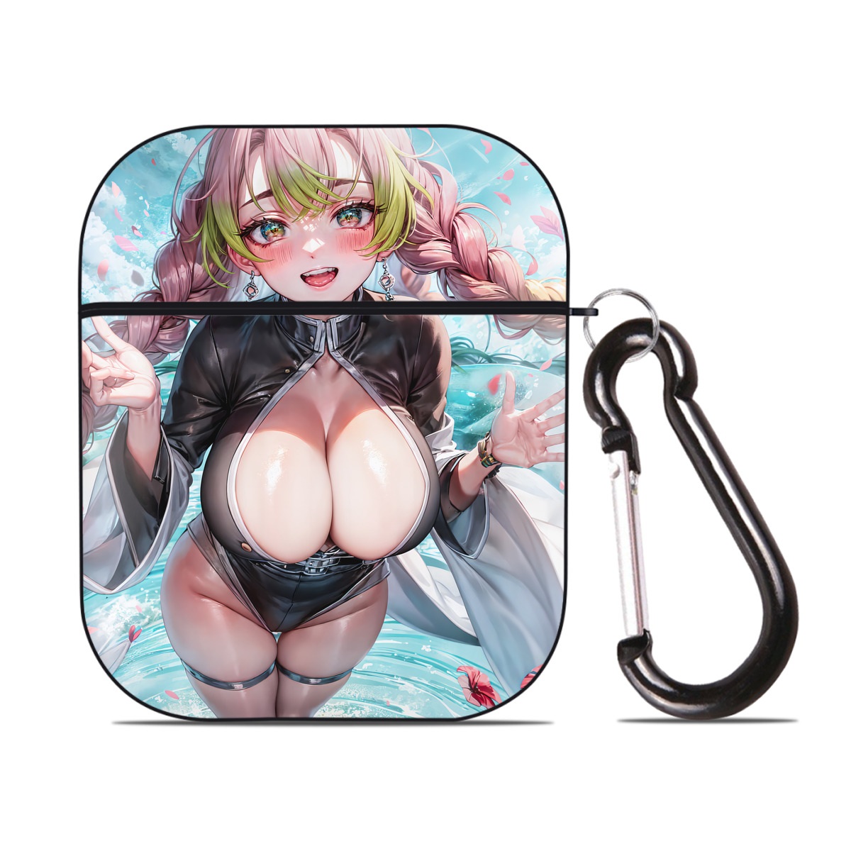 （画像用） 鬼滅の刃（きめつのやいば）恋柱-甘露寺 蜜璃／かんろじ みつり Kanroji Mitsuri AirPods 第2世代保護ケース ハードシェル ブラック 耐衝撃・防指紋・カラビナ付き