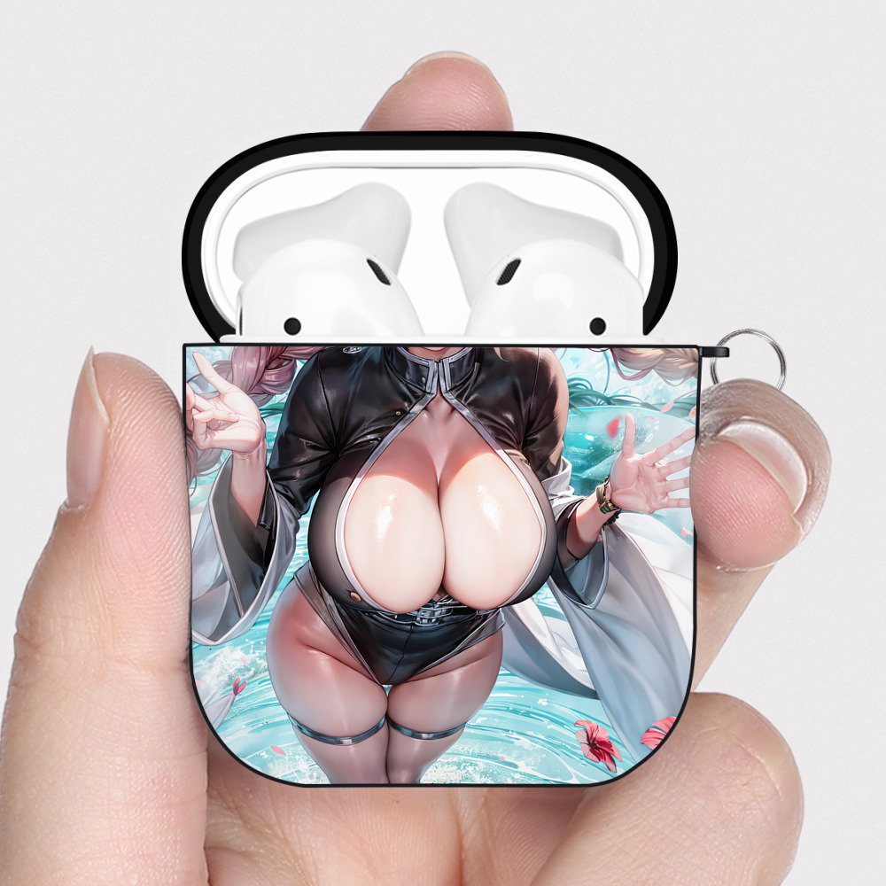 （画像用） 鬼滅の刃（きめつのやいば）恋柱-甘露寺 蜜璃／かんろじ みつり Kanroji Mitsuri AirPods 第2世代保護ケース ハードシェル ブラック 耐衝撃・防指紋・カラビナ付き