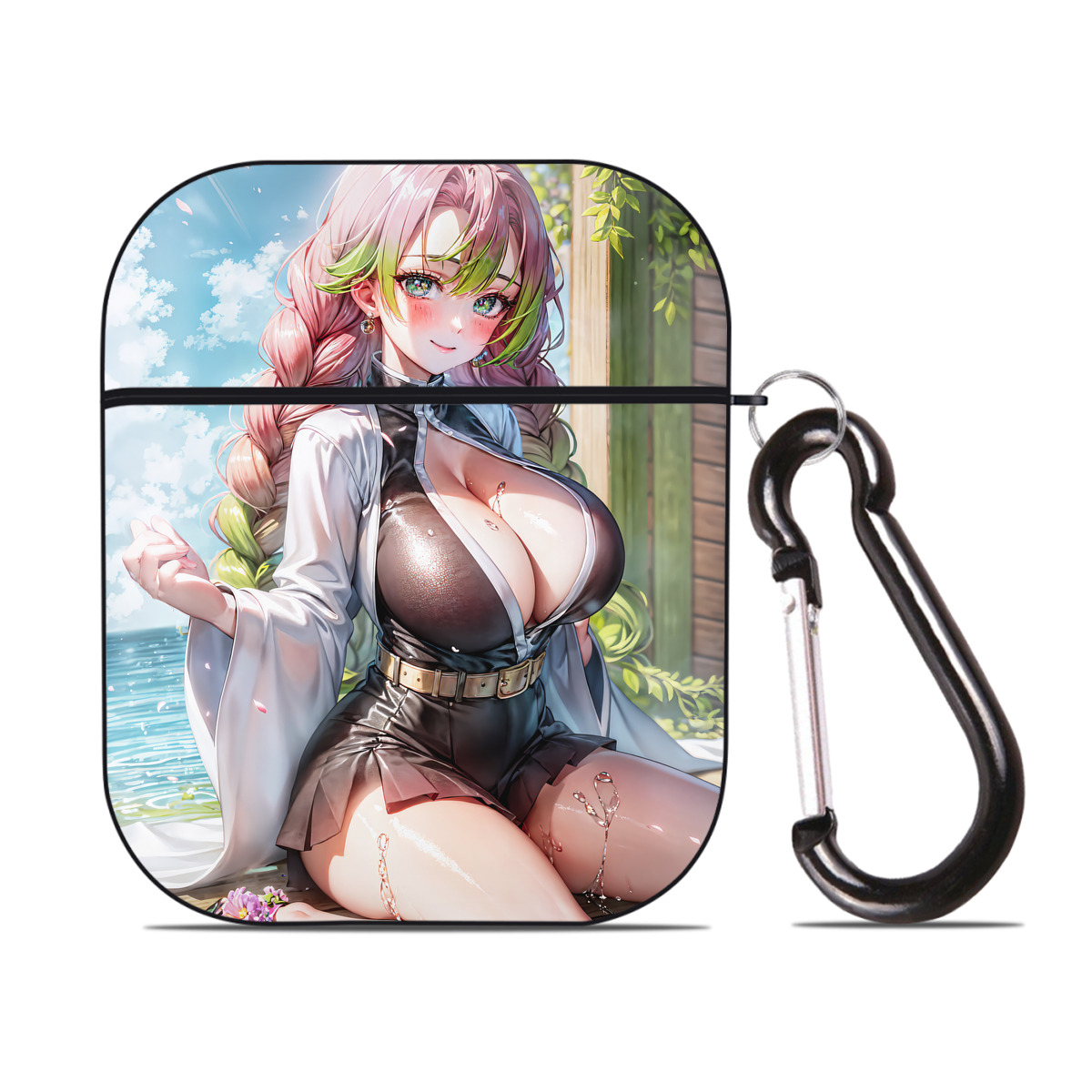 （画像用） 鬼滅の刃（きめつのやいば）恋柱-甘露寺 蜜璃／かんろじ みつり Kanroji Mitsuri AirPods 第2世代保護ケース ハードシェル ブラック 耐衝撃・防指紋・カラビナ付き