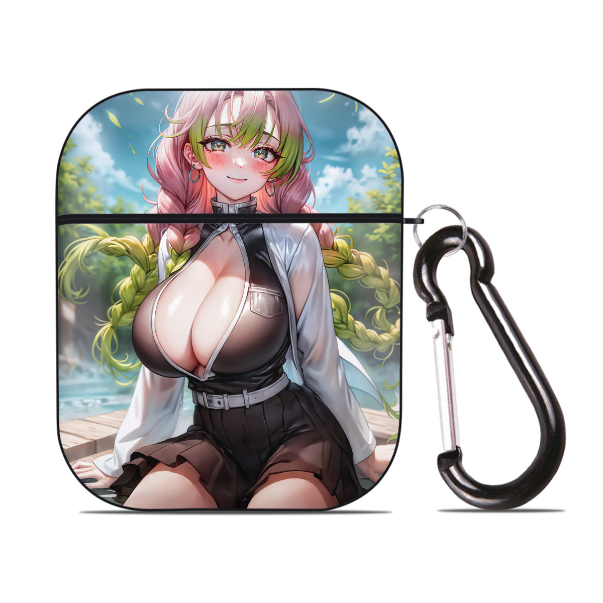 （画像用） 鬼滅の刃（きめつのやいば）恋柱-甘露寺 蜜璃／かんろじ みつり Kanroji Mitsuri AirPods 第2世代保護ケース ハードシェル ブラック 耐衝撃・防指紋・カラビナ付き