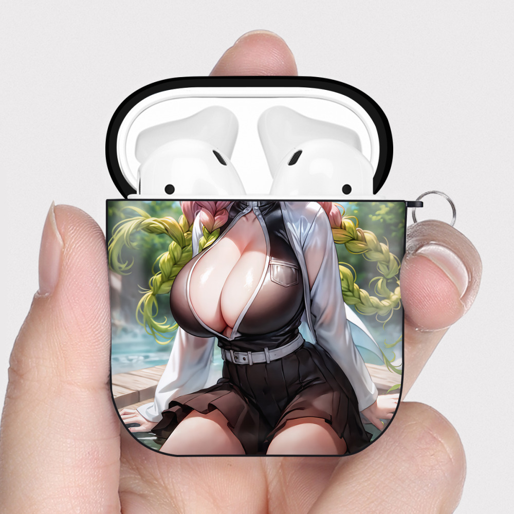 （画像用） 鬼滅の刃（きめつのやいば）恋柱-甘露寺 蜜璃／かんろじ みつり Kanroji Mitsuri AirPods 第2世代保護ケース ハードシェル ブラック 耐衝撃・防指紋・カラビナ付き