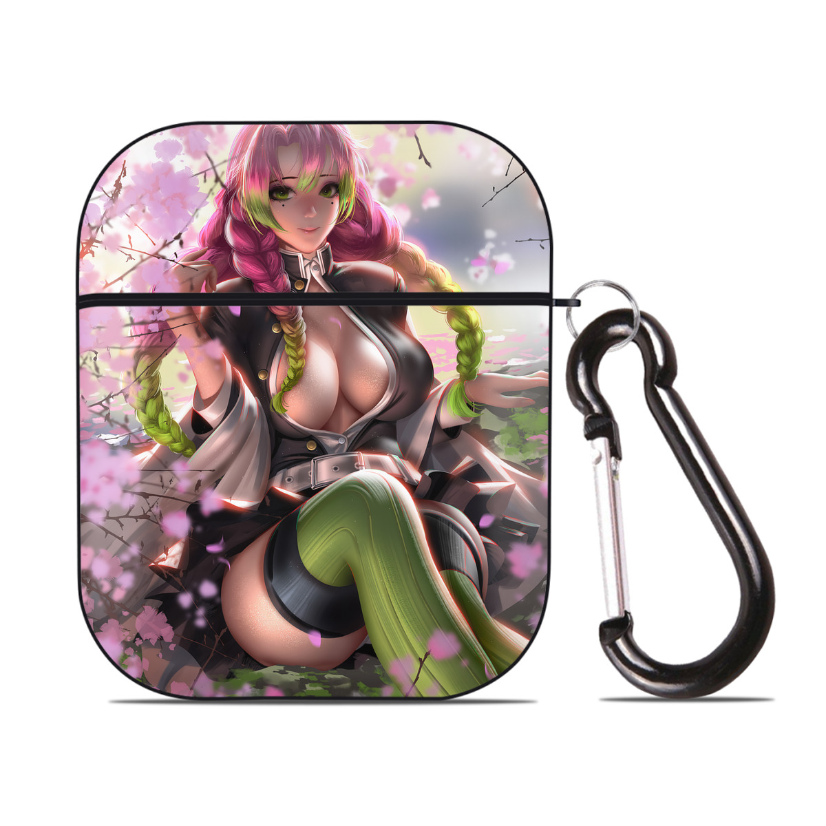 （画像用） 鬼滅の刃（きめつのやいば）恋柱-甘露寺 蜜璃／かんろじ みつり Kanroji Mitsuri AirPods 第2世代保護ケース ハードシェル ブラック 耐衝撃・防指紋・カラビナ付き
