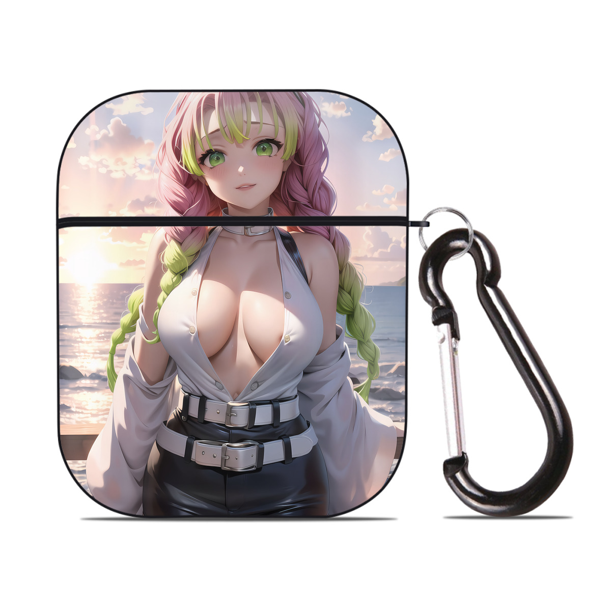 （画像用） 鬼滅の刃（きめつのやいば）恋柱-甘露寺 蜜璃／かんろじ みつり Kanroji Mitsuri AirPods 第2世代保護ケース ハードシェル ブラック 耐衝撃・防指紋・カラビナ付き