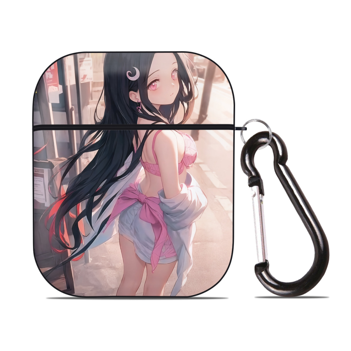 （画像用） 鬼滅の刃（きめつのやいば）竈門 禰󠄀豆子／かまど ねずこ Kamado Nezuko AirPods 第2世代保護ケース ハードシェル ブラック 耐衝撃・防指紋・カラビナ付き