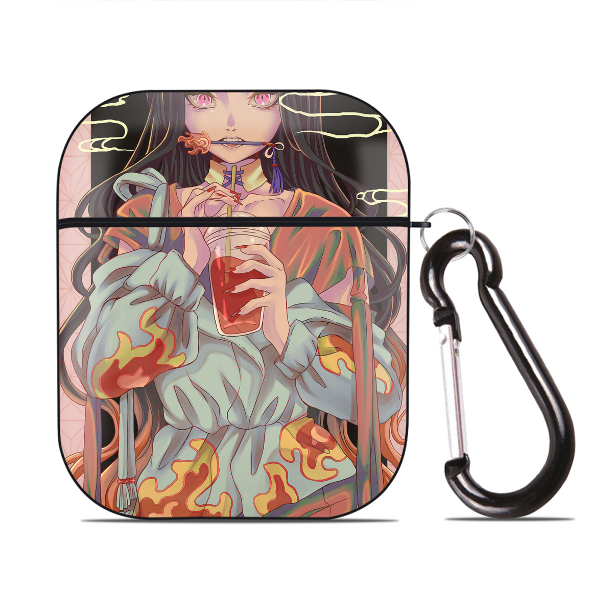 （画像用） 鬼滅の刃（きめつのやいば）竈門 禰󠄀豆子／かまど ねずこ Kamado Nezuko AirPods 第2世代保護ケース ハードシェル ブラック 耐衝撃・防指紋・カラビナ付き