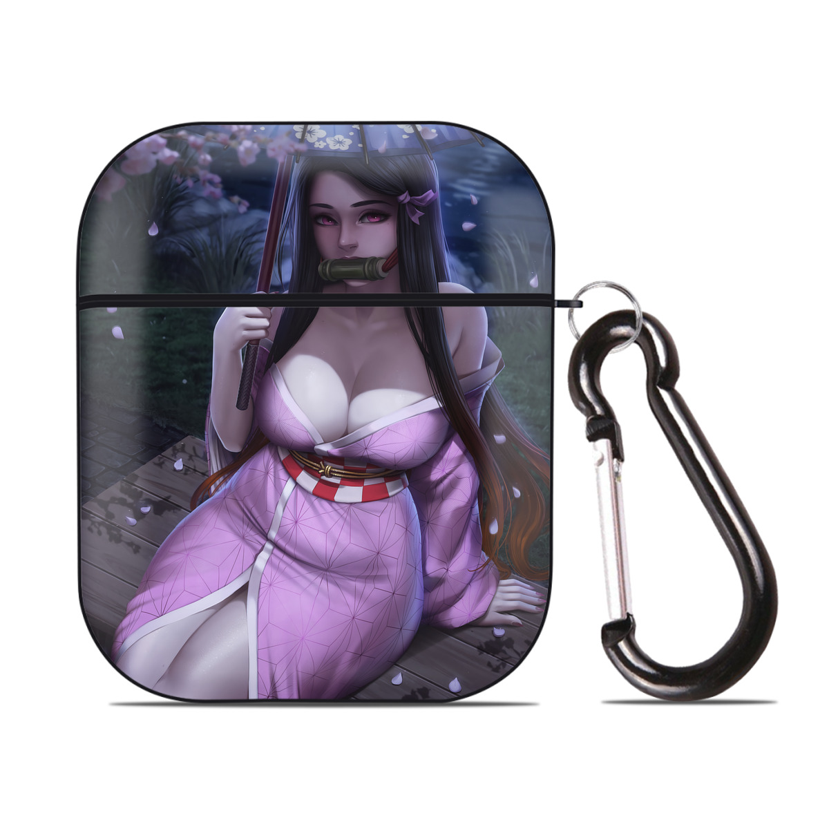 （画像用） 鬼滅の刃（きめつのやいば）竈門 禰󠄀豆子／かまど ねずこ Kamado Nezuko AirPods 第2世代保護ケース ハードシェル ブラック 耐衝撃・防指紋・カラビナ付き