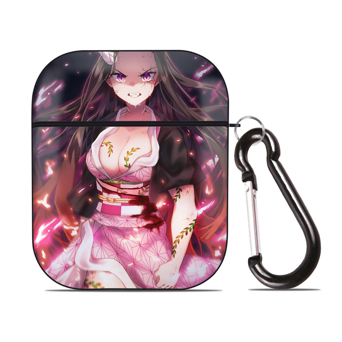 （画像用） 鬼滅の刃（きめつのやいば）竈門 禰󠄀豆子／かまど ねずこ Kamado Nezuko AirPods 第2世代保護ケース ハードシェル ブラック 耐衝撃・防指紋・カラビナ付き