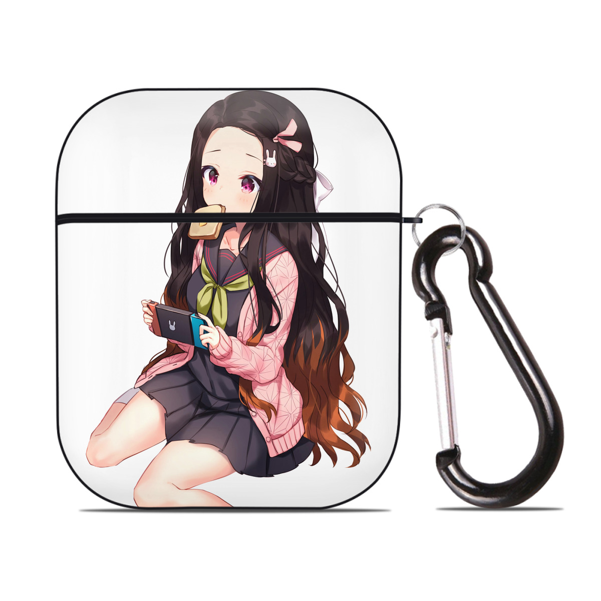 （画像用） 鬼滅の刃（きめつのやいば）竈門 禰󠄀豆子／かまど ねずこ Kamado Nezuko AirPods 第2世代保護ケース ハードシェル ブラック 耐衝撃・防指紋・カラビナ付き