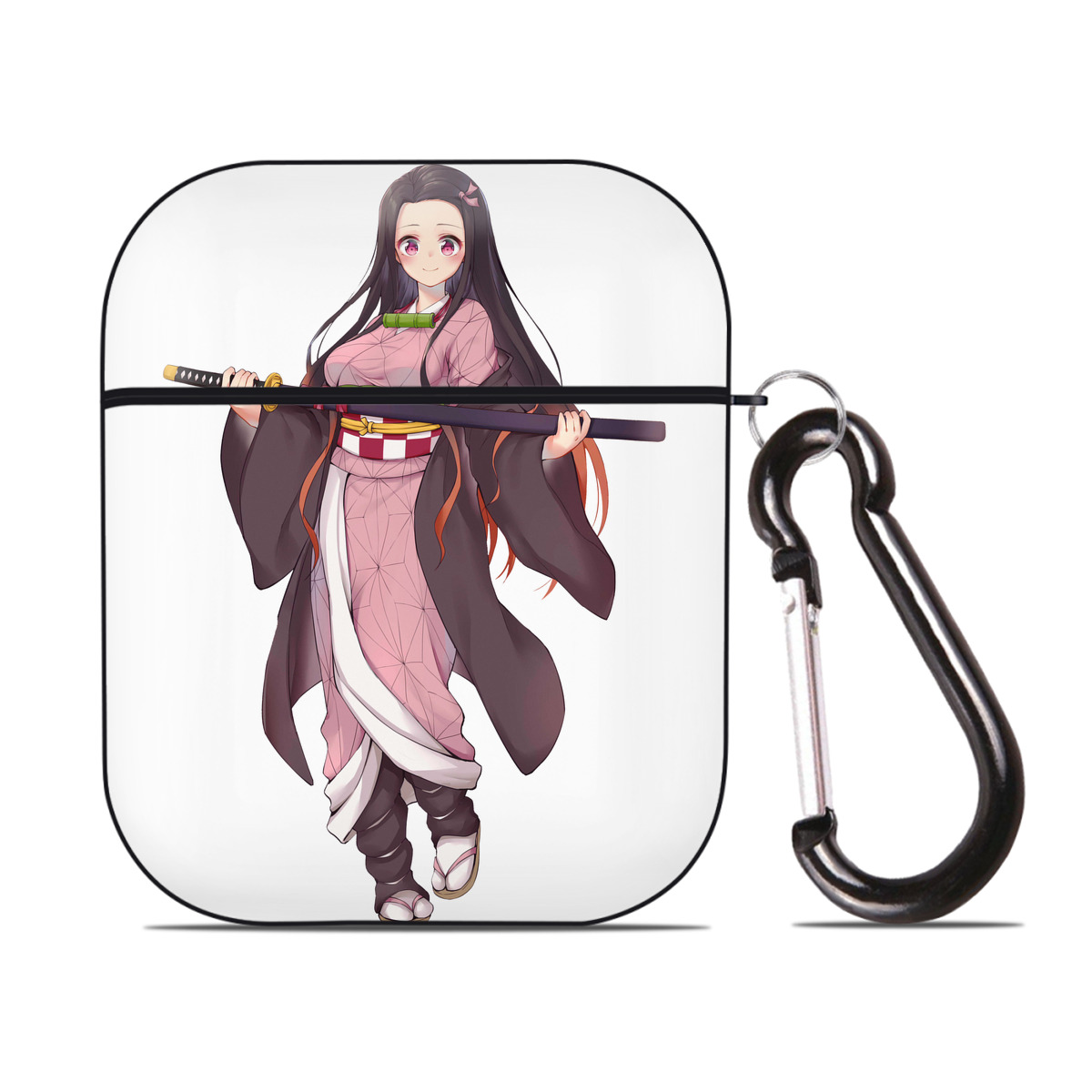 （画像用） 鬼滅の刃（きめつのやいば）竈門 禰󠄀豆子／かまど ねずこ Kamado Nezuko AirPods 第2世代保護ケース ハードシェル ブラック 耐衝撃・防指紋・カラビナ付き