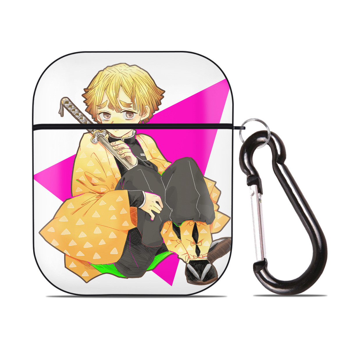 （画像用） 鬼滅の刃（きめつのやいば）我妻 善逸／あがつま ぜんいつ Agatsuma Zenitsu AirPods 第2世代保護ケース ハードシェル ブラック 耐衝撃・防指紋・カラビナ付き