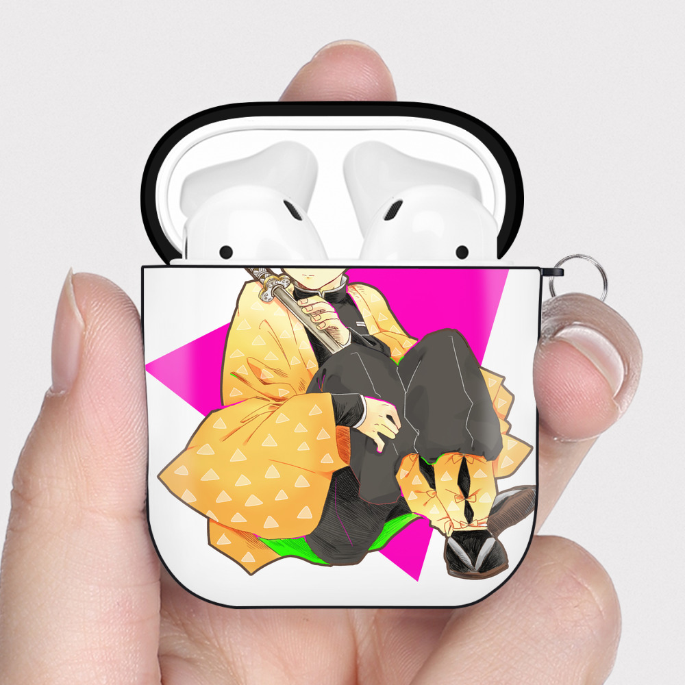 （画像用） 鬼滅の刃（きめつのやいば）我妻 善逸／あがつま ぜんいつ Agatsuma Zenitsu AirPods 第2世代保護ケース ハードシェル ブラック 耐衝撃・防指紋・カラビナ付き
