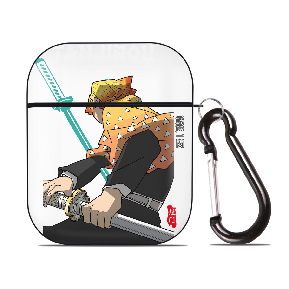 （画像用） 鬼滅の刃（きめつのやいば）我妻 善逸／あがつま ぜんいつ Agatsuma Zenitsu AirPods 第2世代保護ケース ハードシェル ブラック 耐衝撃・防指紋・カラビナ付き