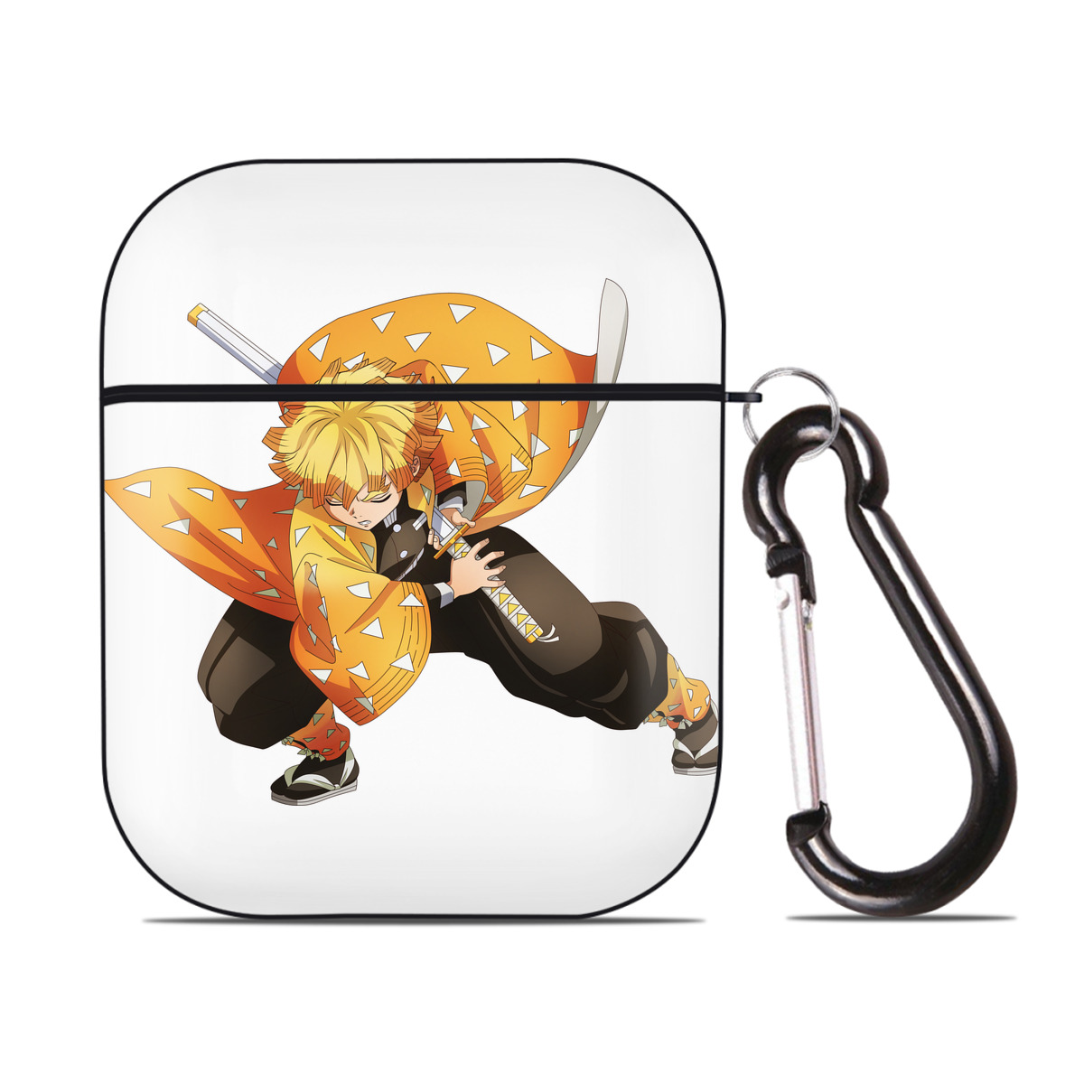 （画像用） 鬼滅の刃（きめつのやいば）我妻 善逸／あがつま ぜんいつ Agatsuma Zenitsu AirPods 第2世代保護ケース ハードシェル ブラック 耐衝撃・防指紋・カラビナ付き