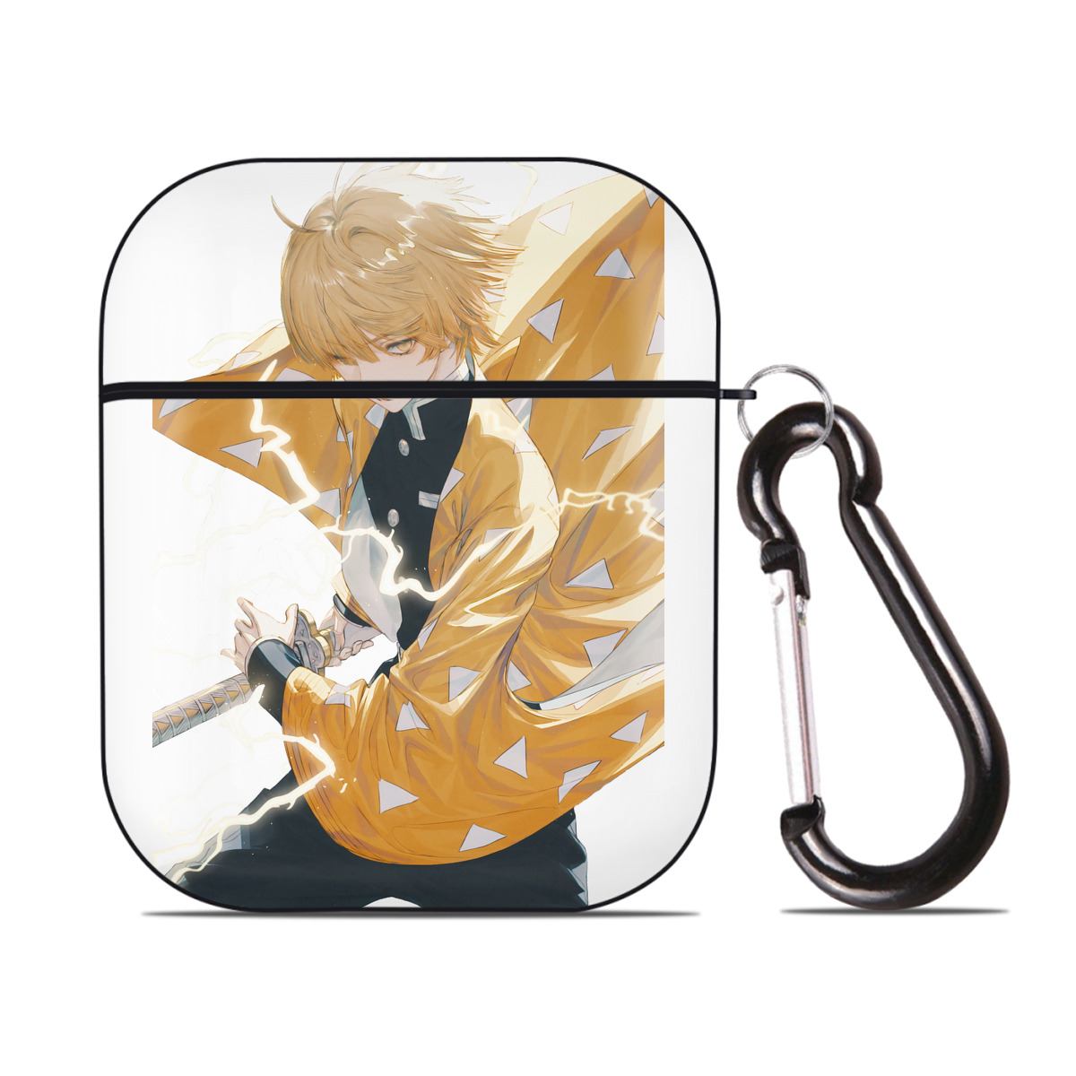 （画像用） 鬼滅の刃（きめつのやいば）我妻 善逸／あがつま ぜんいつ Agatsuma Zenitsu AirPods 第2世代保護ケース ハードシェル ブラック 耐衝撃・防指紋・カラビナ付き