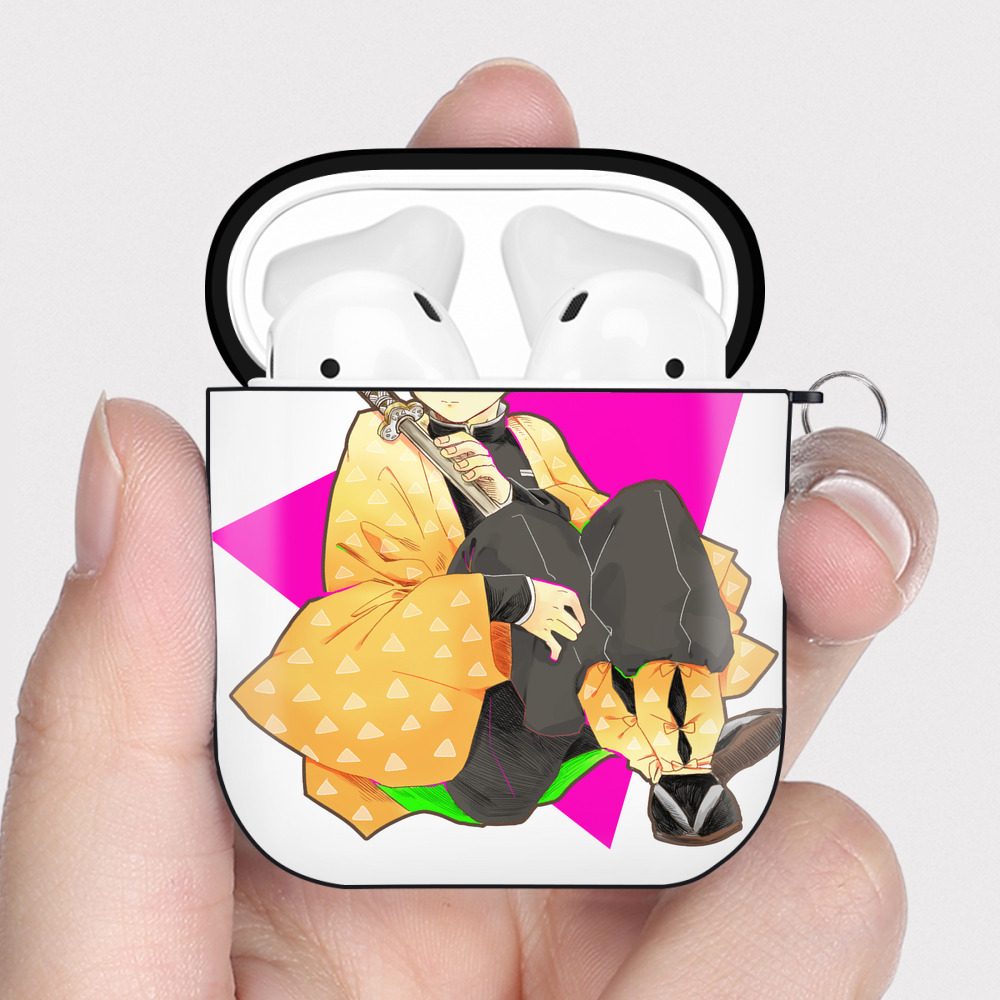 （画像用） 鬼滅の刃（きめつのやいば）我妻 善逸／あがつま ぜんいつ Agatsuma Zenitsu AirPods 第2世代保護ケース ハードシェル ブラック 耐衝撃・防指紋・カラビナ付き