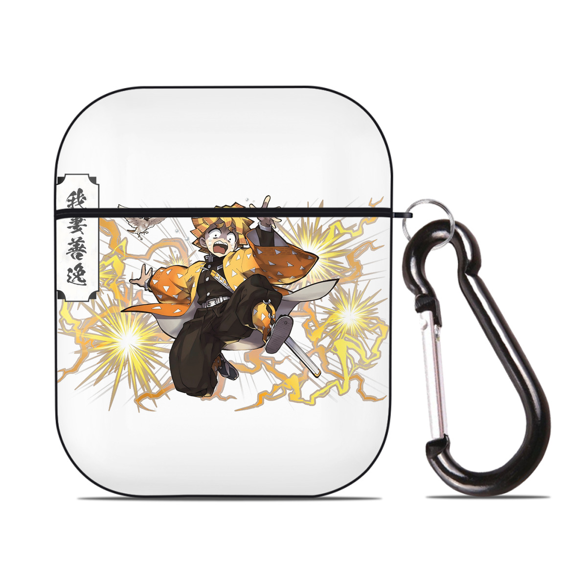 （画像用） 鬼滅の刃（きめつのやいば）我妻 善逸／あがつま ぜんいつ Agatsuma Zenitsu AirPods 第2世代保護ケース ハードシェル ブラック 耐衝撃・防指紋・カラビナ付き