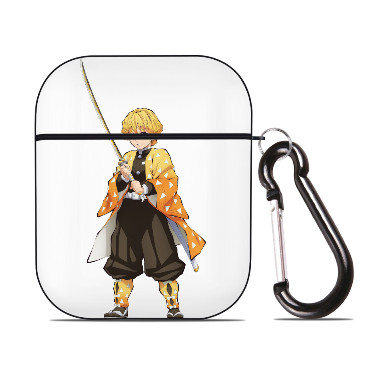 （画像用） 鬼滅の刃（きめつのやいば）我妻 善逸／あがつま ぜんいつ Agatsuma Zenitsu AirPods 第2世代保護ケース ハードシェル ブラック 耐衝撃・防指紋・カラビナ付き