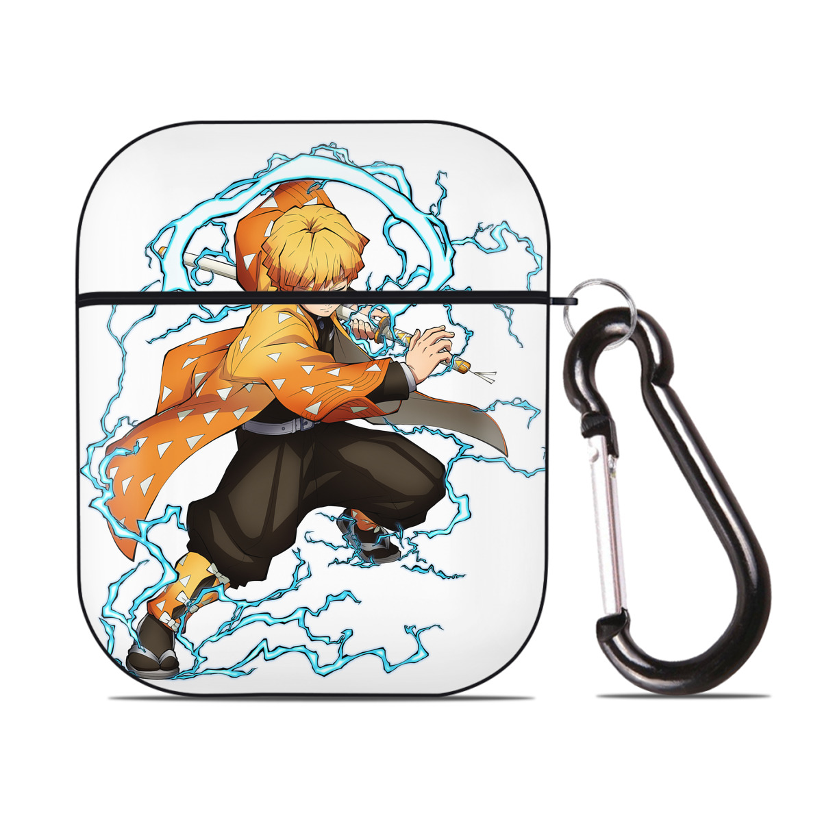 （画像用） 鬼滅の刃（きめつのやいば）我妻 善逸／あがつま ぜんいつ Agatsuma Zenitsu AirPods 第2世代保護ケース ハードシェル ブラック 耐衝撃・防指紋・カラビナ付き
