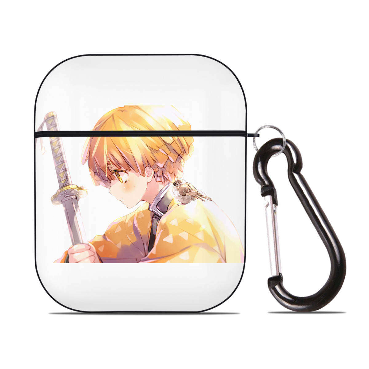 （画像用） 鬼滅の刃（きめつのやいば）我妻 善逸／あがつま ぜんいつ Agatsuma Zenitsu AirPods 第2世代保護ケース ハードシェル ブラック 耐衝撃・防指紋・カラビナ付き