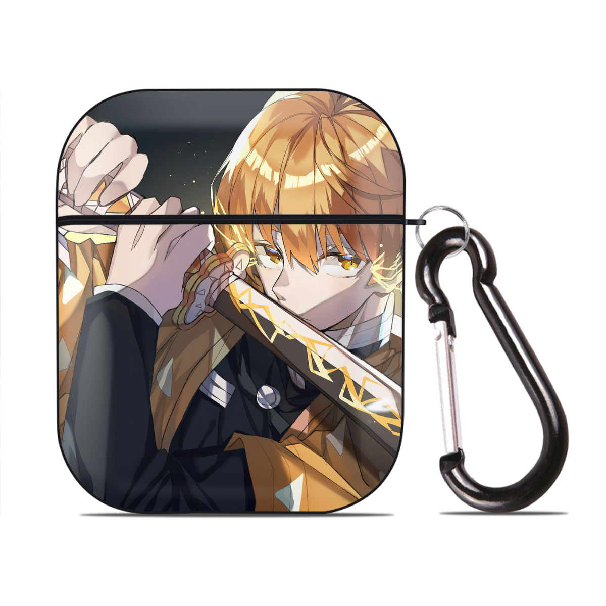 （画像用） 鬼滅の刃（きめつのやいば）我妻 善逸／あがつま ぜんいつ Agatsuma Zenitsu AirPods 第2世代保護ケース ハードシェル ブラック 耐衝撃・防指紋・カラビナ付き