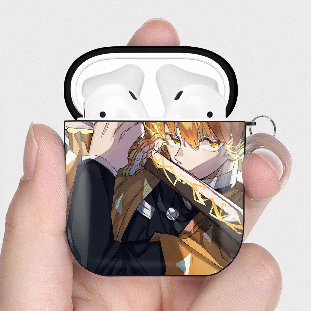 （画像用） 鬼滅の刃（きめつのやいば）我妻 善逸／あがつま ぜんいつ Agatsuma Zenitsu AirPods 第2世代保護ケース ハードシェル ブラック 耐衝撃・防指紋・カラビナ付き