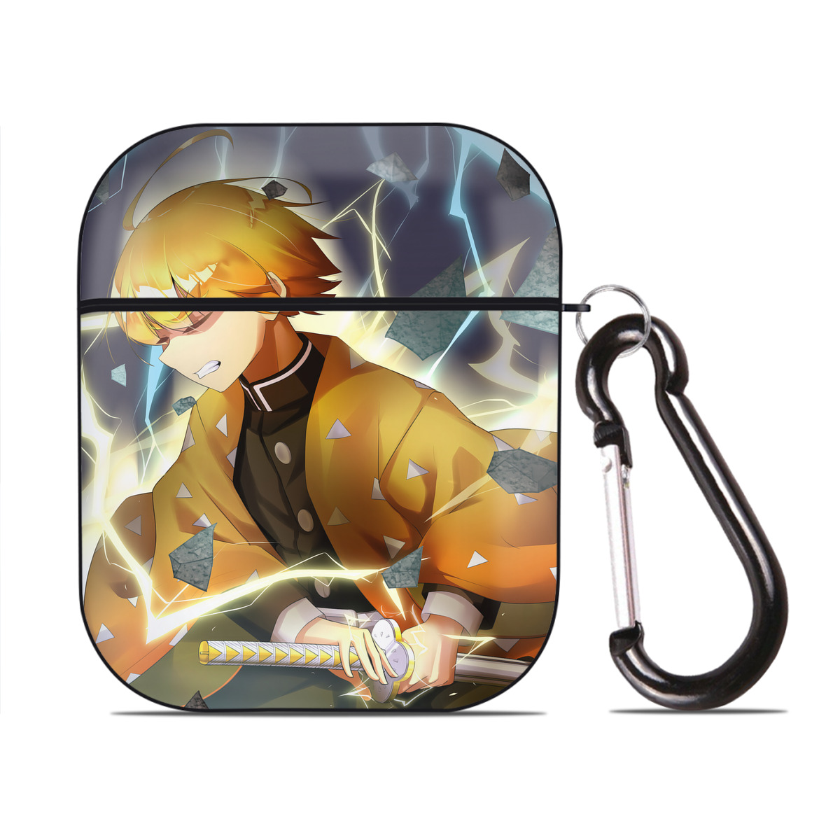 （画像用） 鬼滅の刃（きめつのやいば）我妻 善逸／あがつま ぜんいつ Agatsuma Zenitsu AirPods 第2世代保護ケース ハードシェル ブラック 耐衝撃・防指紋・カラビナ付き