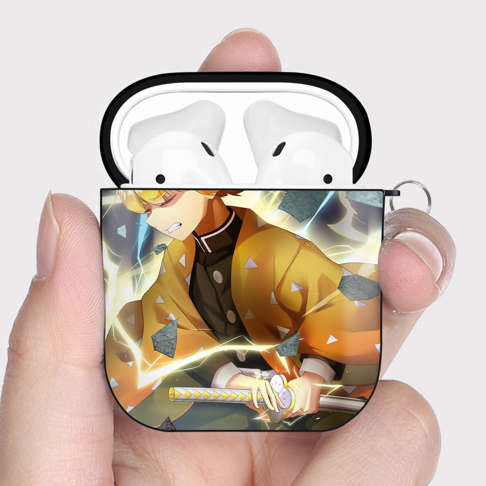 （画像用） 鬼滅の刃（きめつのやいば）我妻 善逸／あがつま ぜんいつ Agatsuma Zenitsu AirPods 第2世代保護ケース ハードシェル ブラック 耐衝撃・防指紋・カラビナ付き