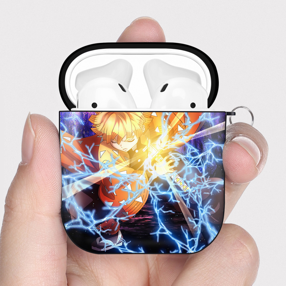 （画像用） 鬼滅の刃（きめつのやいば）我妻 善逸／あがつま ぜんいつ Agatsuma Zenitsu AirPods 第2世代保護ケース ハードシェル ブラック 耐衝撃・防指紋・カラビナ付き