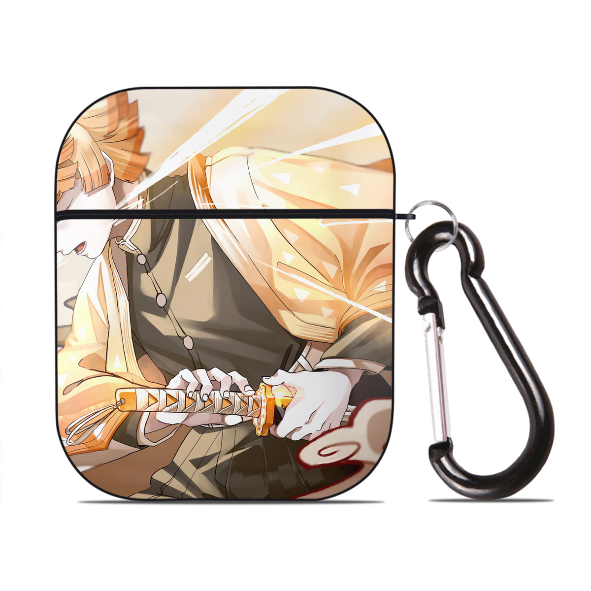 （画像用） 鬼滅の刃（きめつのやいば）我妻 善逸／あがつま ぜんいつ Agatsuma Zenitsu AirPods 第2世代保護ケース ハードシェル ブラック 耐衝撃・防指紋・カラビナ付き