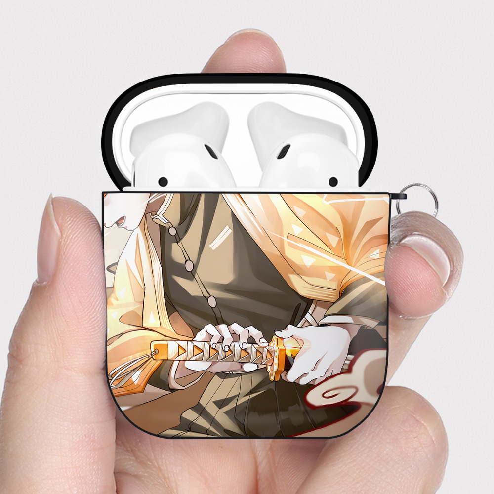 （画像用） 鬼滅の刃（きめつのやいば）我妻 善逸／あがつま ぜんいつ Agatsuma Zenitsu AirPods 第2世代保護ケース ハードシェル ブラック 耐衝撃・防指紋・カラビナ付き