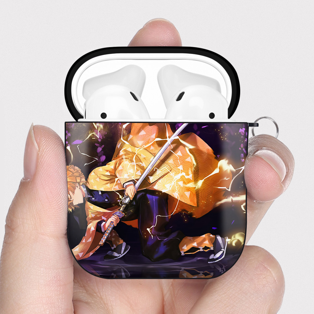 （画像用） 鬼滅の刃（きめつのやいば）我妻 善逸／あがつま ぜんいつ Agatsuma Zenitsu AirPods 第2世代保護ケース ハードシェル ブラック 耐衝撃・防指紋・カラビナ付き