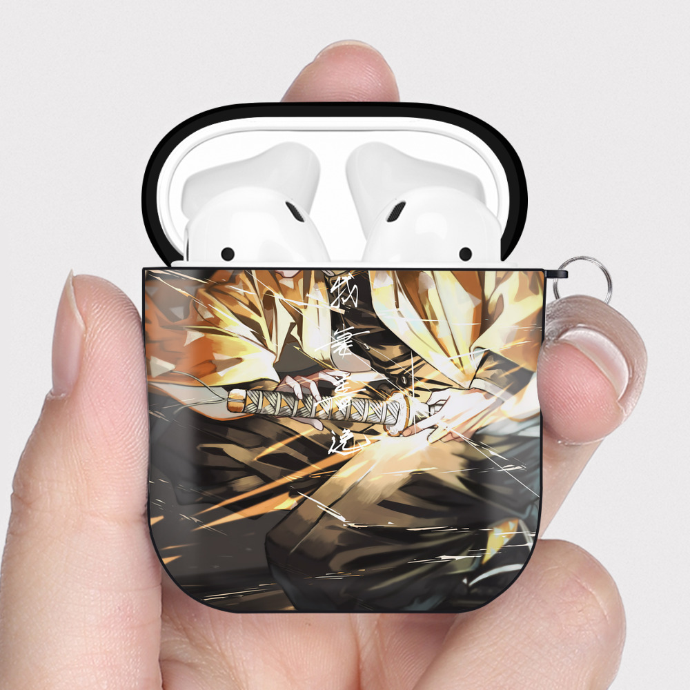 （画像用） 鬼滅の刃（きめつのやいば）我妻 善逸／あがつま ぜんいつ Agatsuma Zenitsu AirPods 第2世代保護ケース ハードシェル ブラック 耐衝撃・防指紋・カラビナ付き