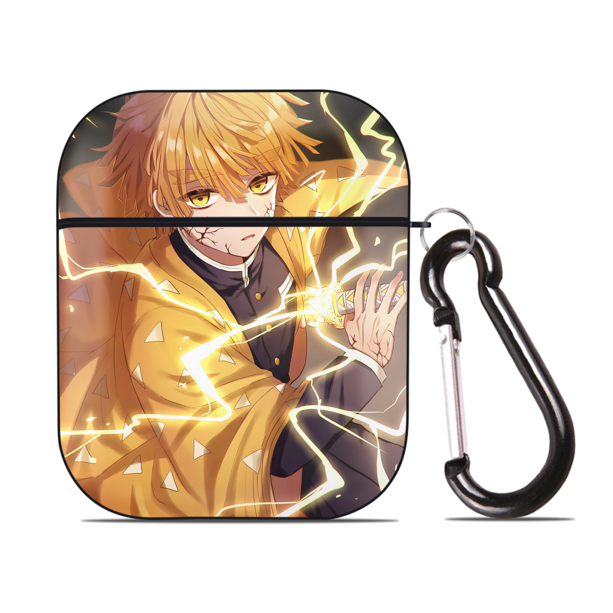 （画像用） 鬼滅の刃（きめつのやいば）我妻 善逸／あがつま ぜんいつ Agatsuma Zenitsu AirPods 第2世代保護ケース ハードシェル ブラック 耐衝撃・防指紋・カラビナ付き