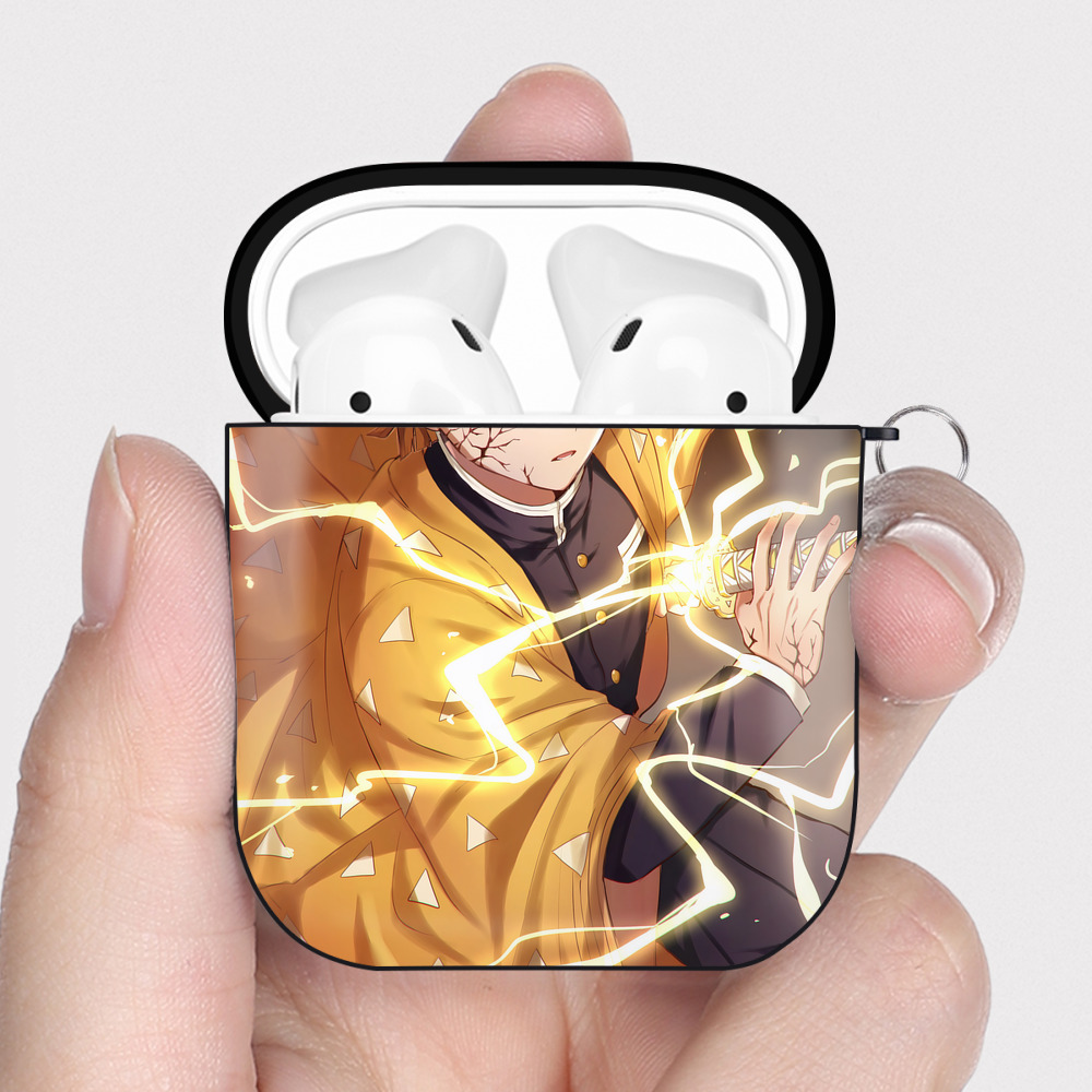 （画像用） 鬼滅の刃（きめつのやいば）我妻 善逸／あがつま ぜんいつ Agatsuma Zenitsu AirPods 第2世代保護ケース ハードシェル ブラック 耐衝撃・防指紋・カラビナ付き
