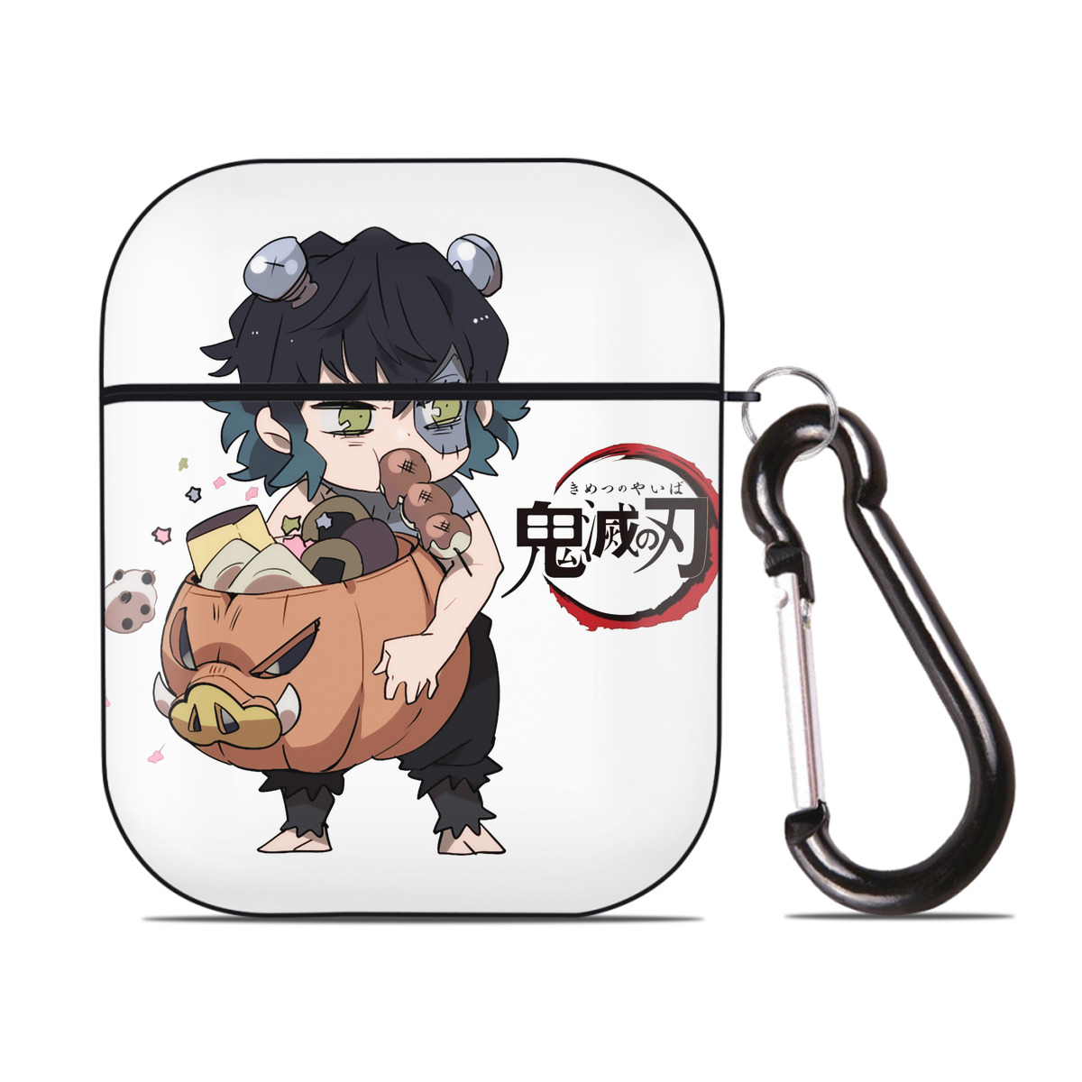 （画像用） 鬼滅の刃（きめつのやいば）嘴平 伊之助／はしびら いのすけ Hashibira Inosuke AirPods 第2世代保護ケース ハードシェル ブラック 耐衝撃・防指紋・カラビナ付き