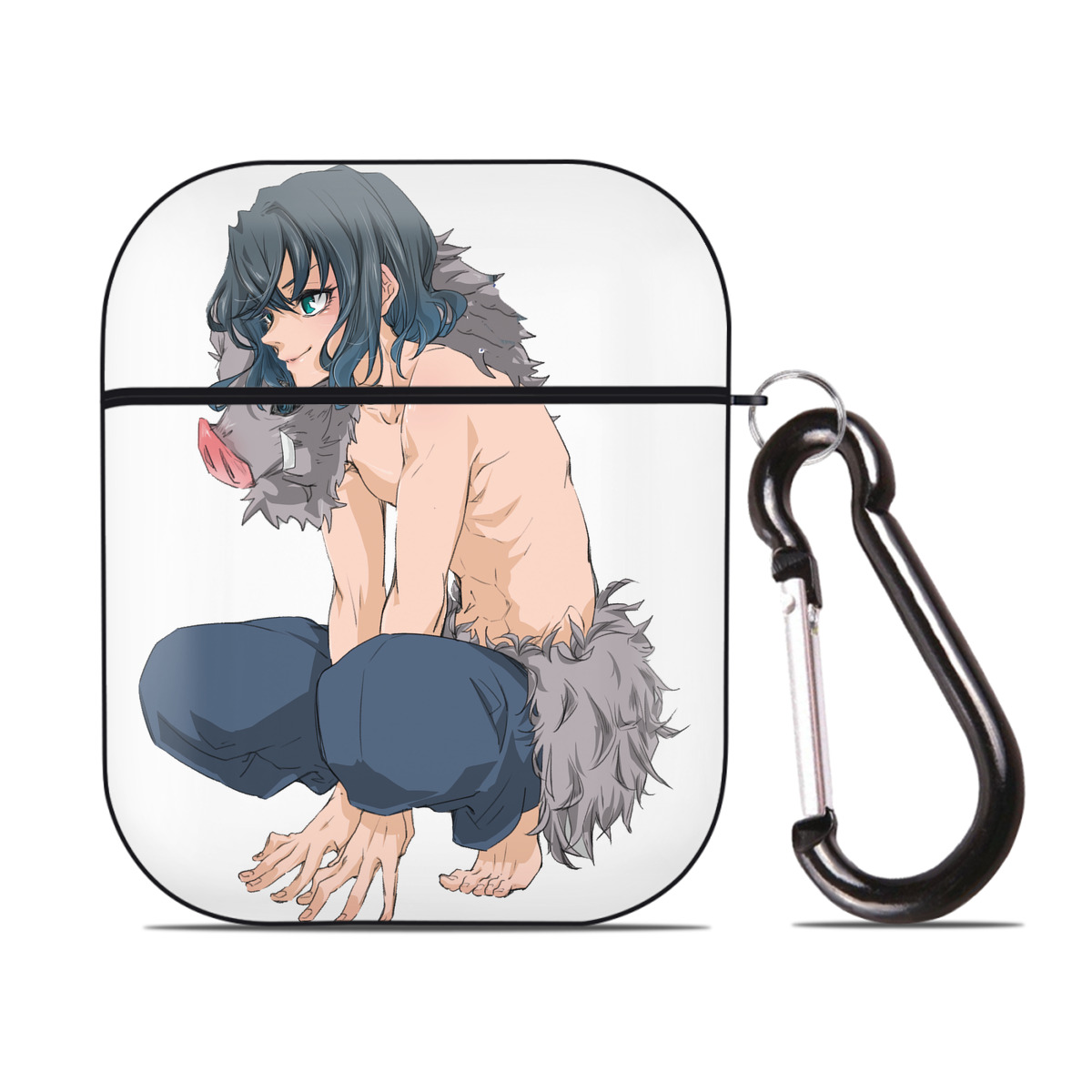 （画像用） 鬼滅の刃（きめつのやいば）嘴平 伊之助／はしびら いのすけ Hashibira Inosuke AirPods 第2世代保護ケース ハードシェル ブラック 耐衝撃・防指紋・カラビナ付き