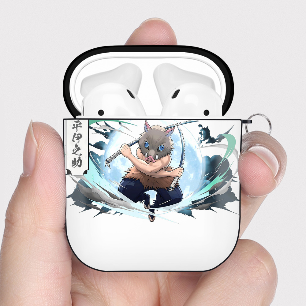 （画像用） 鬼滅の刃（きめつのやいば）嘴平 伊之助／はしびら いのすけ Hashibira Inosuke AirPods 第2世代保護ケース ハードシェル ブラック 耐衝撃・防指紋・カラビナ付き