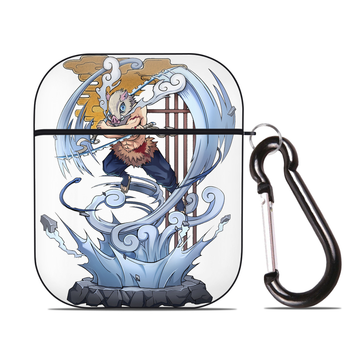 （画像用） 鬼滅の刃（きめつのやいば）嘴平 伊之助／はしびら いのすけ Hashibira Inosuke AirPods 第2世代保護ケース ハードシェル ブラック 耐衝撃・防指紋・カラビナ付き