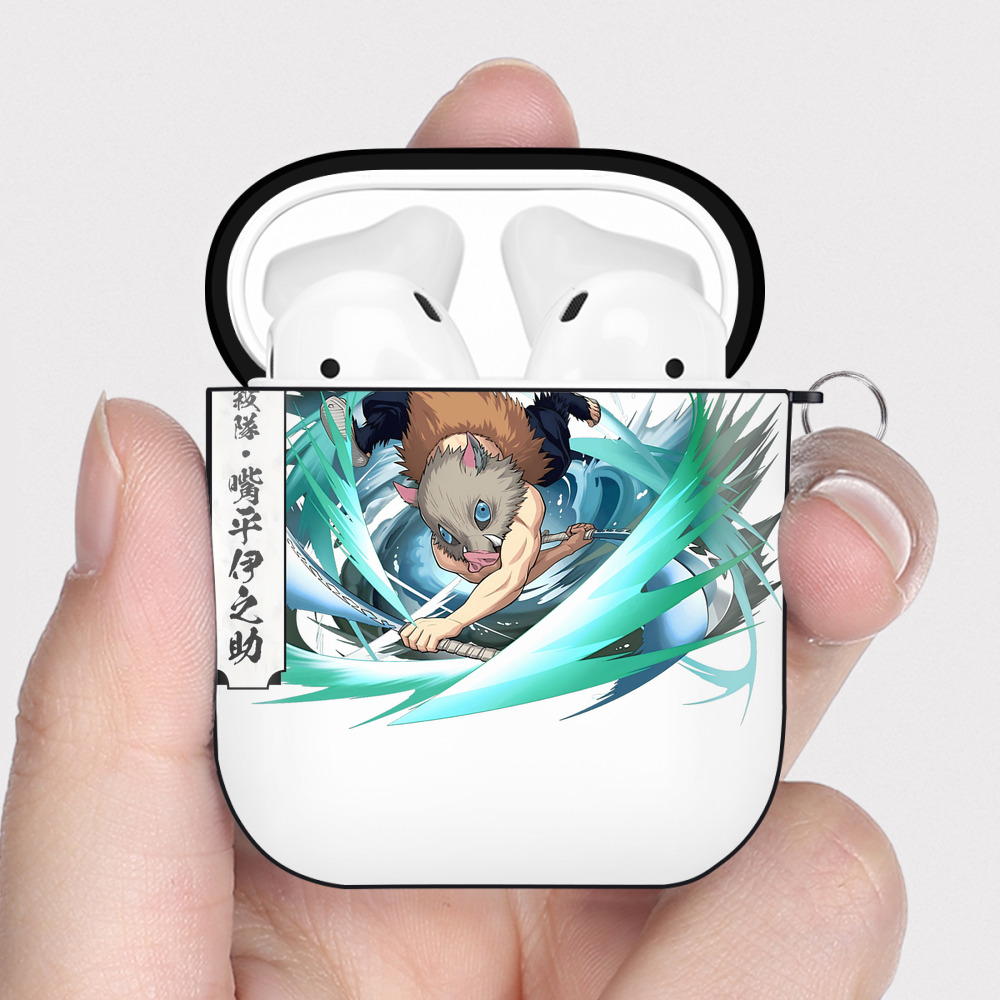 （画像用） 鬼滅の刃（きめつのやいば）嘴平 伊之助／はしびら いのすけ Hashibira Inosuke AirPods 第2世代保護ケース ハードシェル ブラック 耐衝撃・防指紋・カラビナ付き