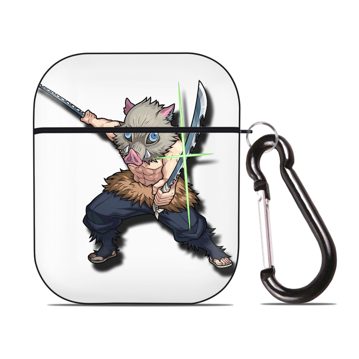 （画像用） 鬼滅の刃（きめつのやいば）嘴平 伊之助／はしびら いのすけ Hashibira Inosuke AirPods 第2世代保護ケース ハードシェル ブラック 耐衝撃・防指紋・カラビナ付き
