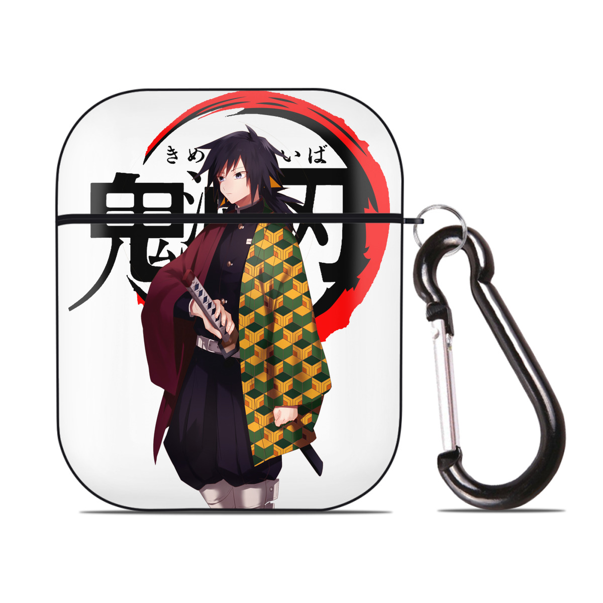 （画像用） 鬼滅の刃（きめつのやいば）水柱-冨岡 義勇／とみおか ぎゆう Tomioka Giyuu AirPods 第2世代保護ケース ハードシェル ブラック 耐衝撃・防指紋・カラビナ付き
