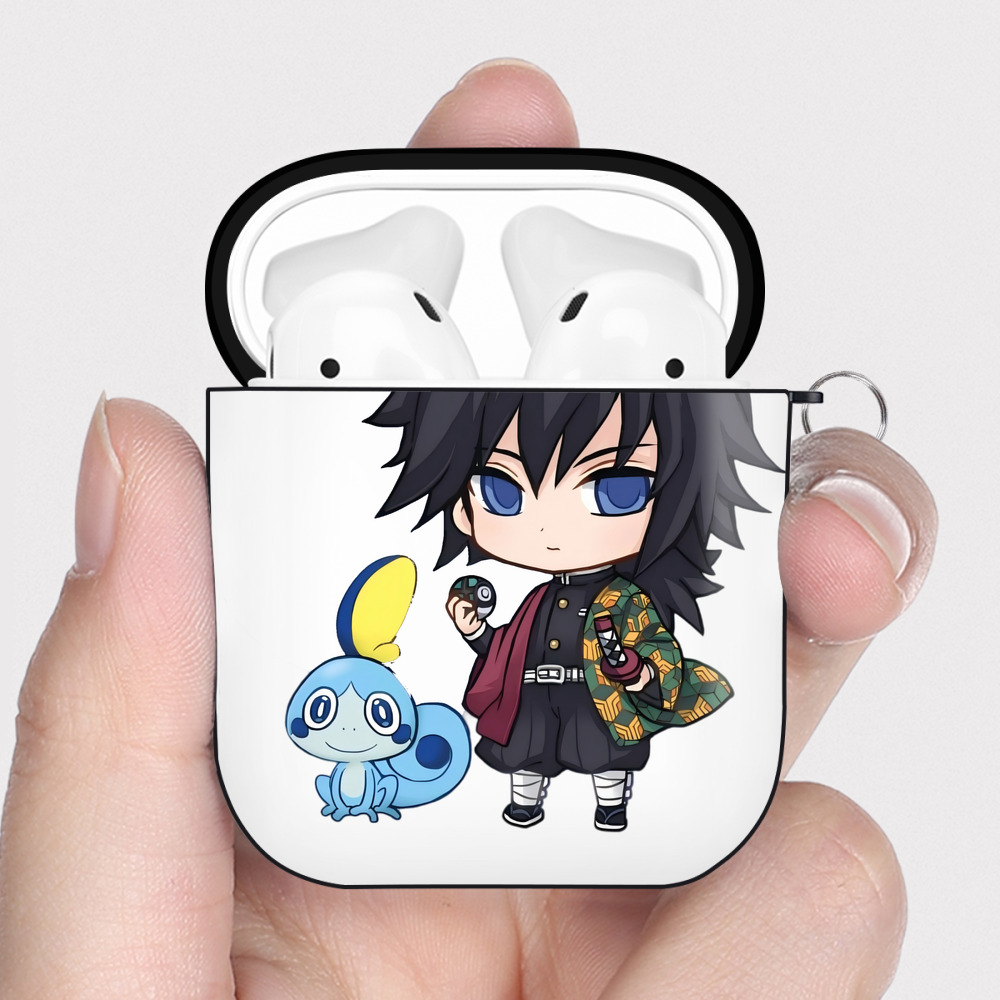 （画像用） 鬼滅の刃（きめつのやいば）水柱-冨岡 義勇／とみおか ぎゆう Tomioka Giyuu AirPods 第2世代保護ケース ハードシェル ブラック 耐衝撃・防指紋・カラビナ付き